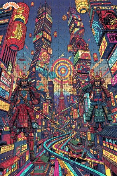 Teona Ahşap Samurai Cities Oil Painting Look Double-Decker Framed Wooden Puzz...