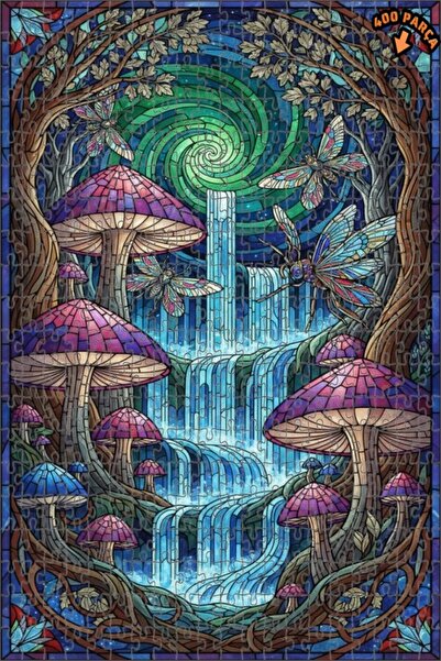 Teona Ahşap لغز خشبي بتصميم الغابة السحرية والشلالات والفراشات والفطر والزجاج...