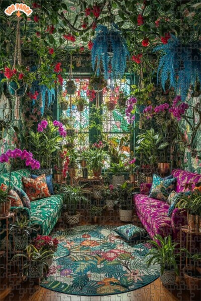 Teona Ahşap Tropical Paradise Garden Oil Painting Look Double-Decker Framed W...