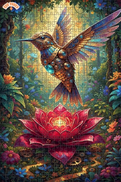 Teona Ahşap Magical Steampunk Hummingbird Red Lotus Double Layer Framed Woode...
