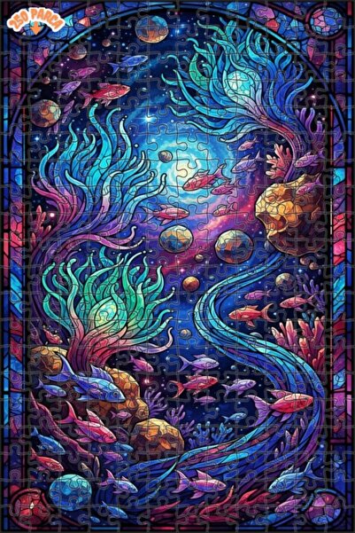 Teona Ahşap Galaxy Aquarium Glass Mosaic Looking Double-Decker Framed Wooden ...