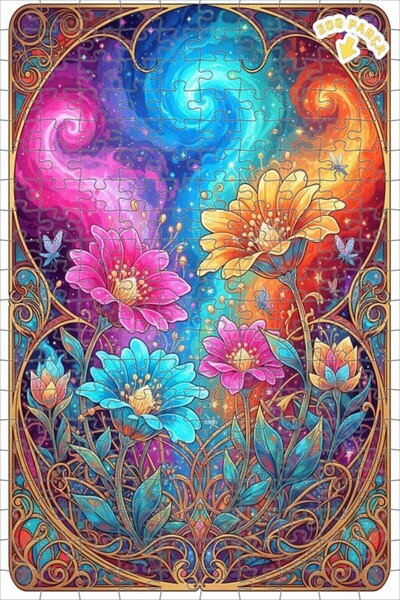 Teona Ahşap Galaxy Flowers Watercolor Look Double Layer Framed Wooden Puzzle ...