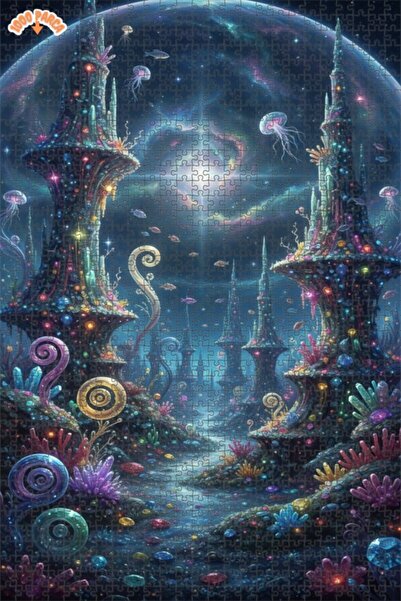 Teona Ahşap Fantastic Galaxy City Oil Painting Look Double Layer Framed Woode...