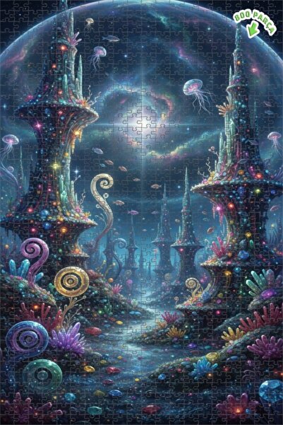 Teona Ahşap Fantastic Galaxy City Oil Painting Look Double Layer Framed Woode...