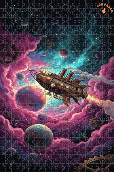 Teona Ahşap Steampunk Rocket Galaxy Journey Oil Painting Double-Deck Framed W...