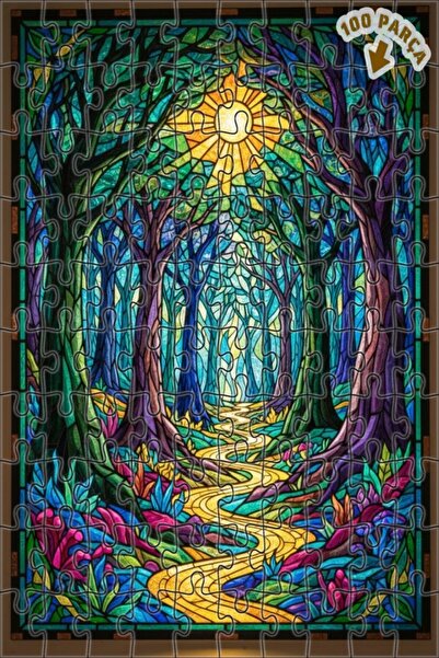 Teona Ahşap لغز خشبي بتصميم طريق الغابة السحرية مع مظهر زجاجي ملون 100 قطعة 2...