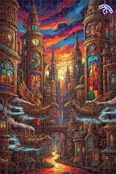 Teona Ahşap لغز خشبي على شكل مدينة التنين على طراز ستيمبانك، مزين برسومات زيت...