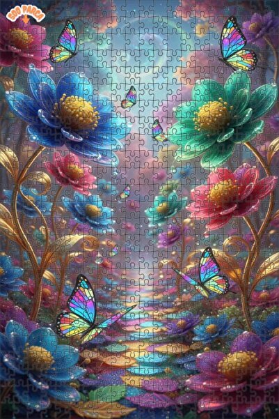 Teona Ahşap Magical Butterflies and Colorful Flowers Land Oil Double-Deck Fra...