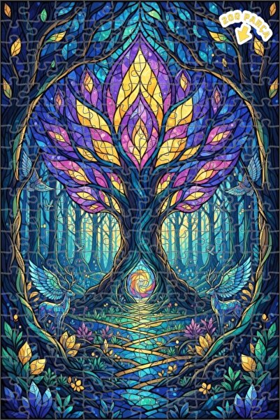 Teona Ahşap لغز خشبي مؤطر بطبقتين بمظهر فسيفساء زجاجي لشجرة الحياة في الغابة ...