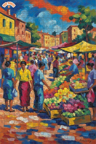 Teona Ahşap Vivid Market Scene Oil Painting Look Wooden Puzzle 500 Pieces 50X30
