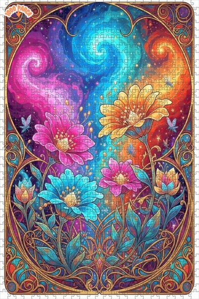 Teona Ahşap Galaxy Flowers Watercolor Look Double Layer Framed Wooden Puzzle ...