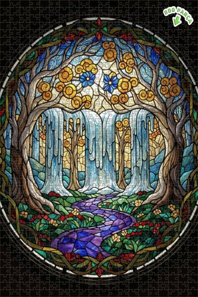 Teona Ahşap لغز خشبي مؤطر بطبقتين بتصميم فن الزجاج الملون لشلال الغابة السحري...