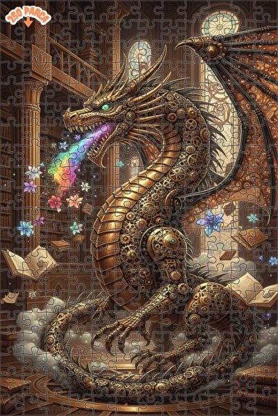 Teona Ahşap Mechanical Dragon Oil Painting Look Double Layer Framed Wooden Pu...