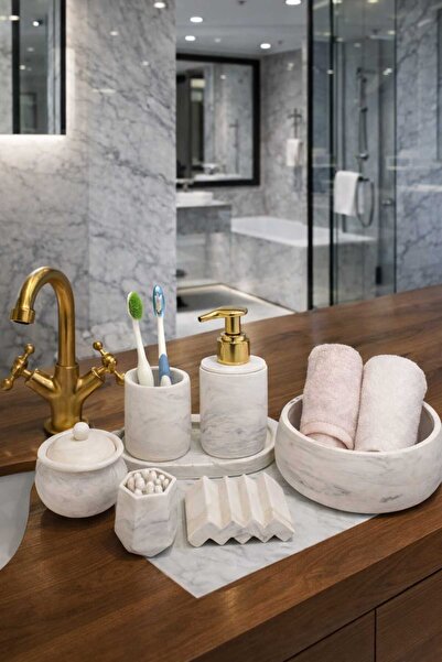 lufen deco 7 Parça Mermer Desenli Banyo Wc Seti Sıvı Sabunluk Diş Fırçalığı H...