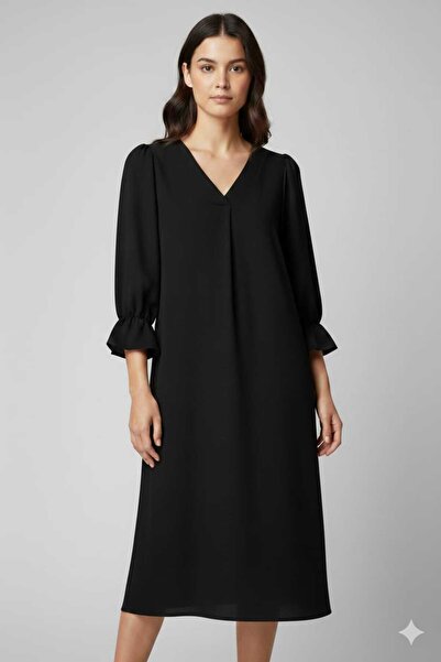 isiltikidsmoda V-Neck Three-Quarter Sleeve Black Midi-Length Crepe Dress