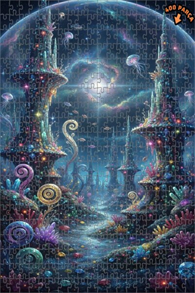 Teona Ahşap Fantastic Galaxy City Oil Painting Look Double Layer Framed Woode...