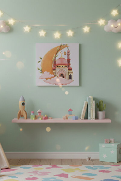 İslami Çocuk Odası Kanvas Tablo - Hilal ve Cami Temalı 20x20 cm Duvar Dekoru
