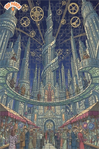 Teona Ahşap Steampunk Cityscape Oil Painting Look Double-Decker Framed Wooden...