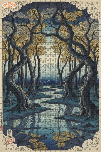 Teona Ahşap لوحة فنية بتأثير الزيت لمشهد نهر الغابة الغامضة، بازل خشبي بإطار ...