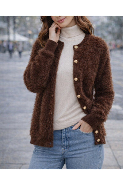 ayriss Soft Dokulu Angora Kumaş Rib Triko Önden Düğmeli Örme Hırka