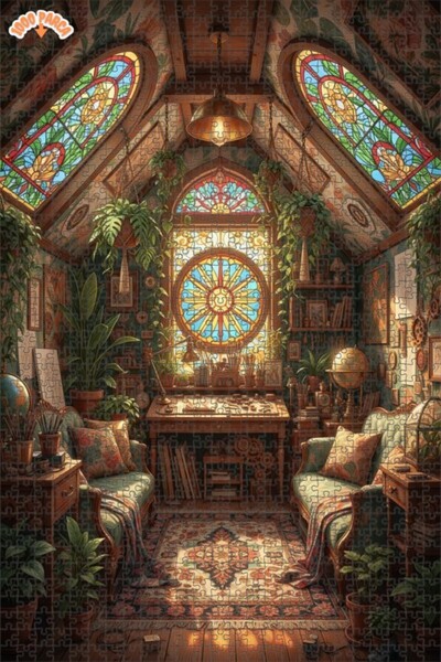 Teona Ahşap Bohem Sanat Atölyesi Renkli Vitray Çift Katlı Çerçeveli Ahşap Puz...