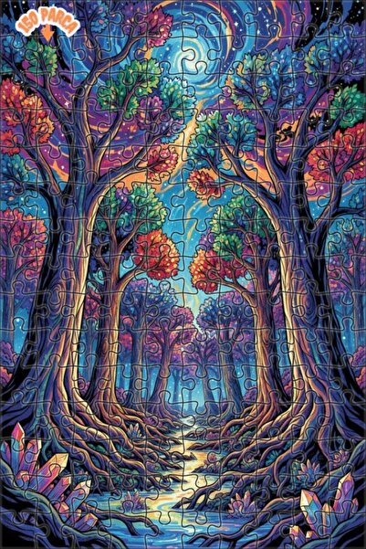 Teona Ahşap Magical Forest Dream Colorful Trees Oil Painting Double-Deck Fram...