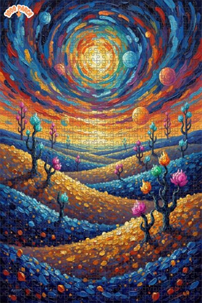 Teona Ahşap Galaxy Flowers Oil Painting Look Double Layer Framed Wooden Puzzl...