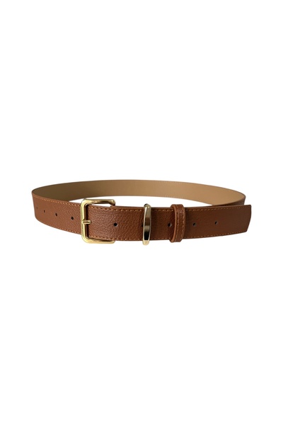 stravis Tan Belt with Gold Square Buckle