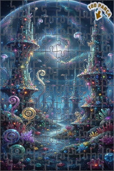 Teona Ahşap Fantastic Galaxy City Oil Painting Look Double Layer Framed Woode...