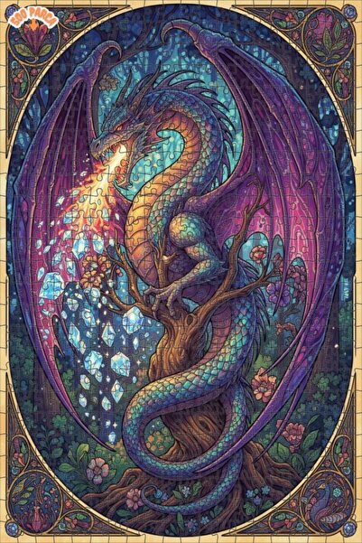 Teona Ahşap لغز خشبي مؤطر بطبقتين بمظهر لوحة زيتية لتنين الغابة السحرية 500 ق...