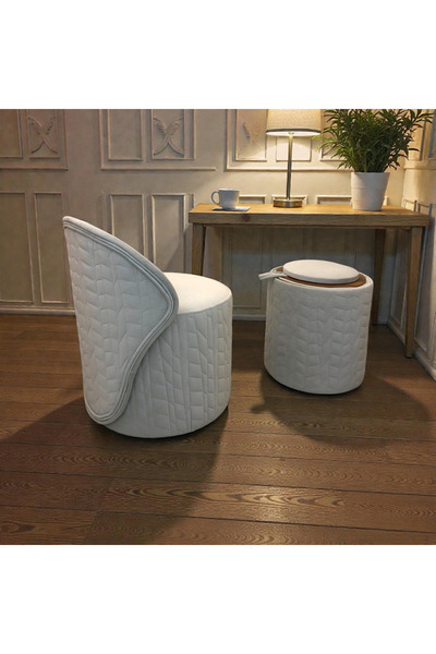 pufunny Dikişli Sırtlı Mini Berjer, Çok Amaçlı Sandıklı Sehpa Puf, Set