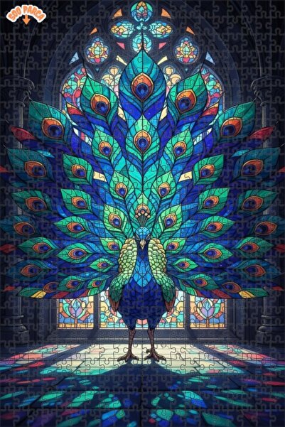 Teona Ahşap لغز خشبي مؤطر بطبقتين بتصميم فني من الزجاج الملون على شكل طاووس م...