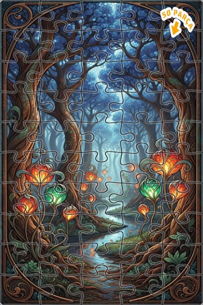 Teona Ahşap لغز خشبي مؤطر بطبقتين بمظهر لوحة زيتية لغابة سحرية 50 قطعة 15×25