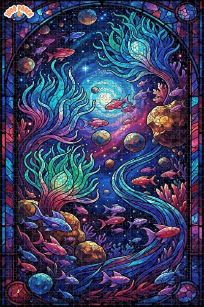 Teona Ahşap Galaxy Aquarium Glass Mosaic Look Double-Decker Framed Wooden Puz...