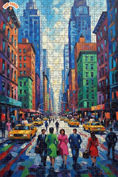 Teona Ahşap Vibrant Cityscape Oil Painting Look Double-Decker Framed Wooden P...