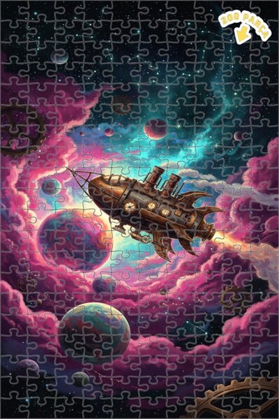 Teona Ahşap Steampunk Rocket Galaxy Journey Oil Painting Double-Deck Framed W...