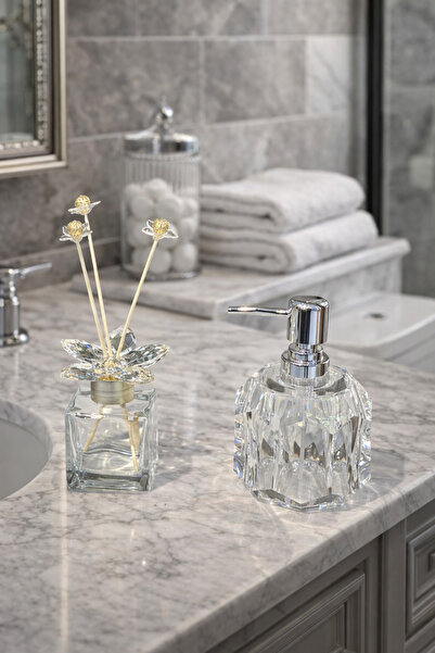 sahane & bazaar Sıvı sabunluk ve kristal taşlı koku şişesi banyo seti sabunluk