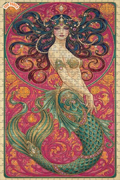 Teona Ahşap Fairy Tale Mermaid Oil Painting Look Double Layer Framed Wooden P...