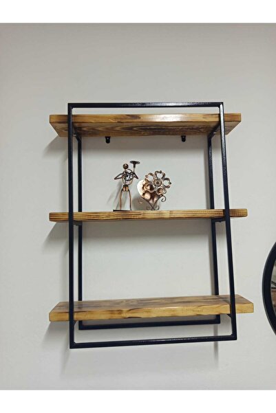 WOODİRON Siyah Metal Çerçeveli 3 Katlı Ahşap Duvar Rafı - Endüstriyel Dekorat...
