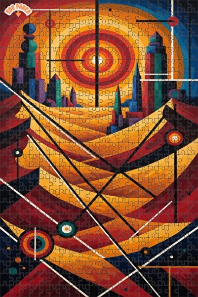 Teona Ahşap Geometric Cityscape Oil Painting Look Double Layer Framed Wooden ...