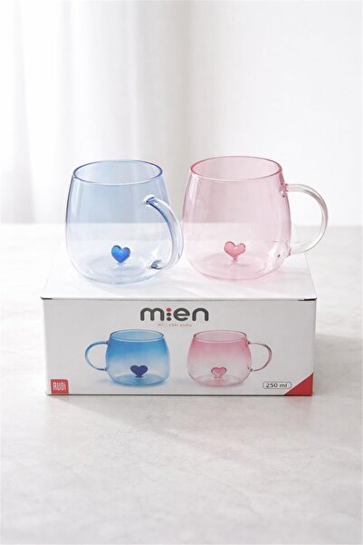 MİEN İkili Cam Kupa Seti 250 ml – Kalpli Tasarım Mavi & Pembe Şık Kupa Takımı