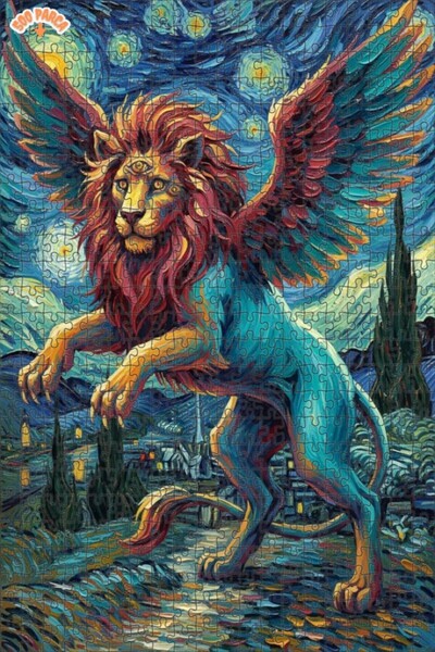 Teona Ahşap لغز خشبي على شكل أسد ذو ثلاثة عيون بأسلوب فان جوخ مع مظهر لوحة زي...