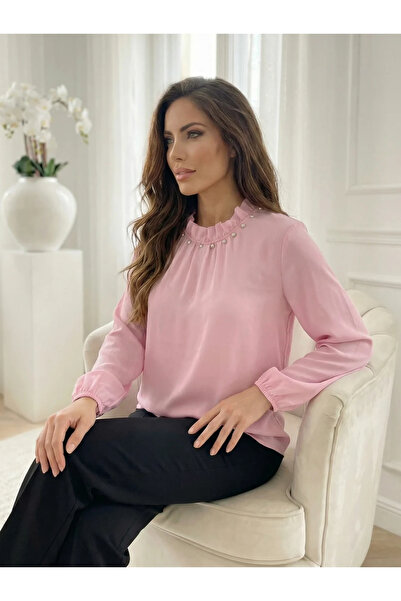 UniqueStore.ro Cămașă elegantă roz cu aplicații cu pietricele la guler