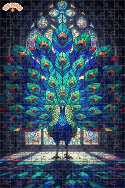 Teona Ahşap لغز خشبي مؤطر بطبقتين بتصميم فني من الزجاج الملون على شكل طاووس م...