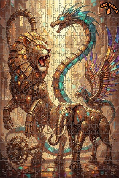 Teona Ahşap لغز خشبي ميكانيكي على شكل أسد وتنين وفيل محارب بإطار مزدوج الطبقا...