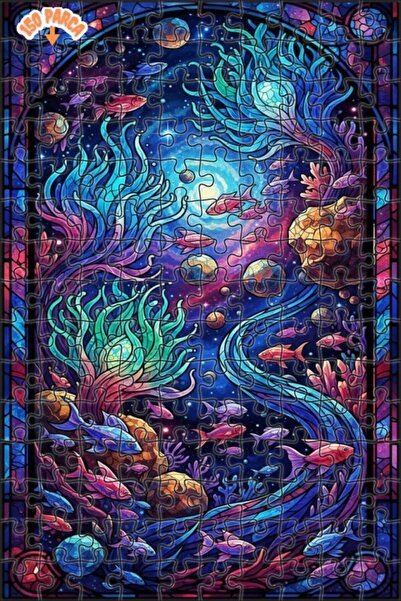 Teona Ahşap لغز خشبي بإطار مزدوج الطبقات بمظهر فسيفساء زجاجي لحوض السمك 150 ق...