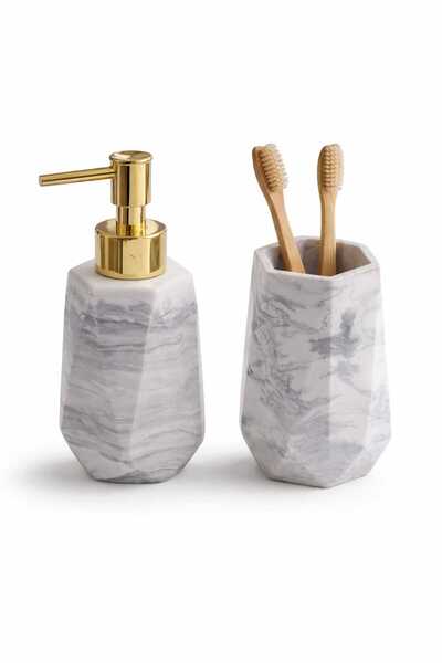 lufen deco 5 Pieces Marble Pattern Concrete Bathroom Set Liquid Soap Dispenser Toothbrush Holder Solid Soap Dish Presentation Tray