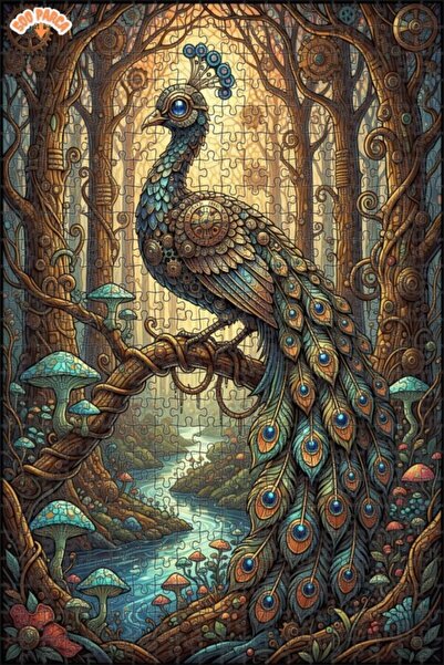 Teona Ahşap لغز خشبي مؤطر بطبقتين من فن ستيمبانك الغابة السحرية على شكل طاووس...