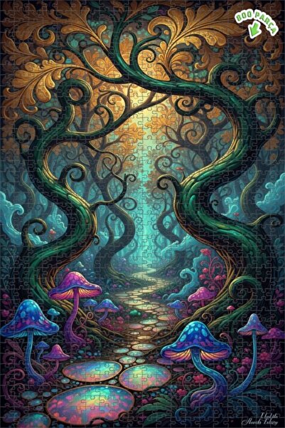 Teona Ahşap لغز خشبي مؤطر بطبقتين بمظهر لوحة زيتية لفطر الغابة السحرية 800 قط...