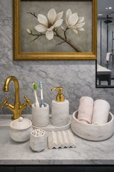 Generic Brand 7 Piece Marble Patterned Bathroom Wc Set Liquid Soap Dispenser Toothbrush Holder Towel Holder Presentation Tray